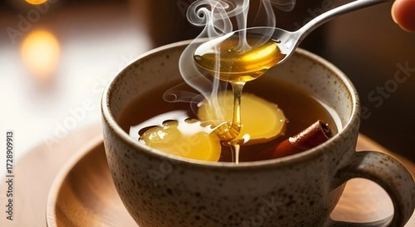 Fototapeta Warm herbal tea being stirred with honey, showcasing steam rising in a cozy setting