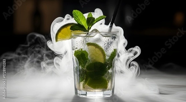 Fototapeta Refreshing mojito cocktail garnished with mint and lime, surrounded by mist in a dimly lit bar