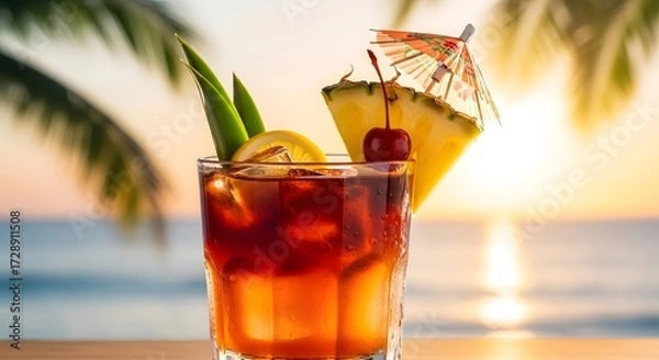 Fototapeta Refreshing tropical cocktail with fruit garnishes on a beach at sunset, evoking relaxation and leisure