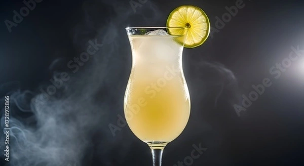 Fototapeta Refreshing tropical cocktail with lime garnish served in a tall glass, surrounded by misty atmosphere