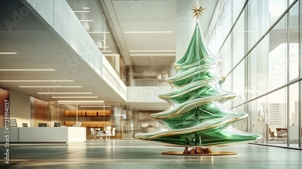 Obraz A minimalist yet luxurious holiday scene featuring a stunning abstract Christmas tree carved from translucent green glass and adorned with delicate white and gold accents.