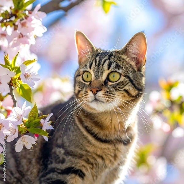 Fototapeta Cat in cherry blossom tree
