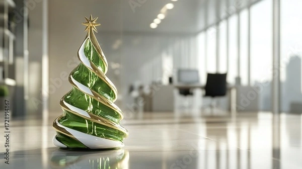 Obraz A minimalist yet luxurious holiday scene featuring a stunning abstract Christmas tree carved from translucent green glass and adorned with delicate white and gold accents.