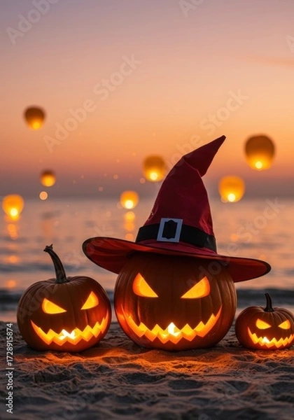 Fototapeta Spooky Halloween Pumpkin Decor with Witch Hat at Sunset by the Beach with Floating Lanterns in the Background