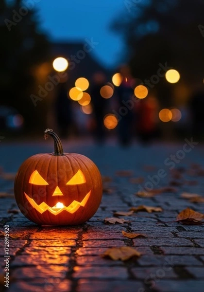 Fototapeta Spooky Halloween Pumpkin with Glowing Face Surrounded by Autumn Leaves and Bokeh Lights in the Evening