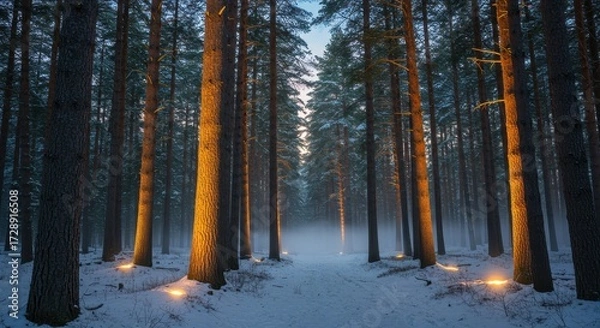 Fototapeta Tranquil Winter Forest Pathway Illuminated by Warm Lights and Misty Atmosphere in Snowy Wilderness