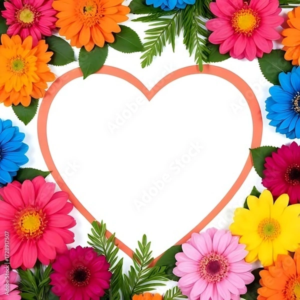 Fototapeta Creative layout with colorful flowers and leaves forming a heart shape, vibrant, cheerful, minimal, flat lay, artistic, modern, decorative, romantic composition.