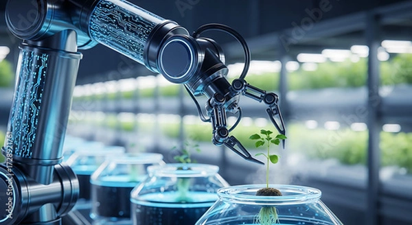 Fototapeta Robotic arm cultivating plants high-tech greenhouse digital art futuristic environment close-up view innovation in agriculture