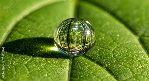 Fototapeta Nature action water droplet reflection on leaf forest scene close-up photography calm environment macro viewpoint
