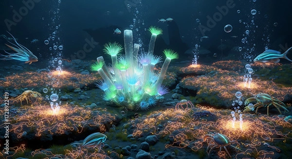 Fototapeta Exploring vibrant underwater ecosystems ocean depths digital artwork marine life aerial view environmental awareness