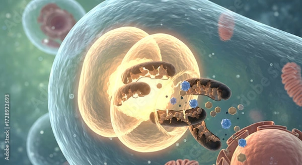Fototapeta Cell division process in microscopic environment digital illustration close-up view for science concept insights