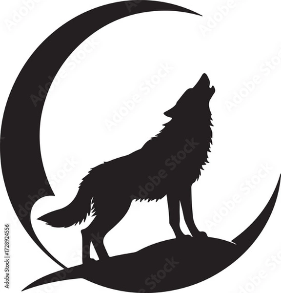 Obraz Wolf howling at crescent moon black clipart, flat vector silhouette