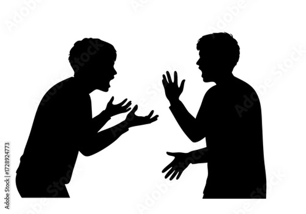 Fototapeta Silhouette of two people arguing fiercely, with hands gesturing emphatically.