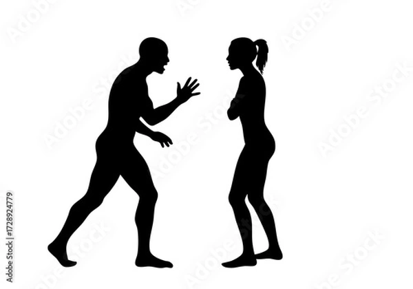 Fototapeta Silhouette of a tense confrontation between a man and a woman.