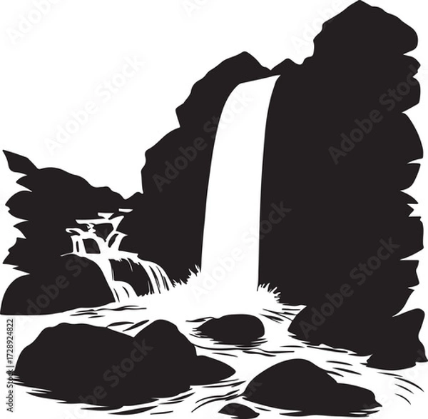 Obraz Waterfall flowing between rocks black clipart, flat vector silhouette