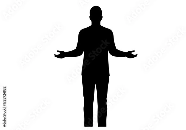 Fototapeta A black silhouette of a man standing with open arms, set against a neutral background, ready to embrace possibilities.