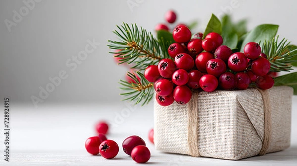 Fototapeta Christmas gift box with pine branches and red berries on clean background  