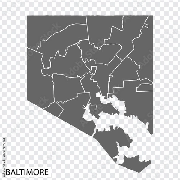 Fototapeta High Quality map Baltimore is a city  of United States, with borders of the districts. Map Baltimore of Maryland for your web site design, app, UI. EPS10.