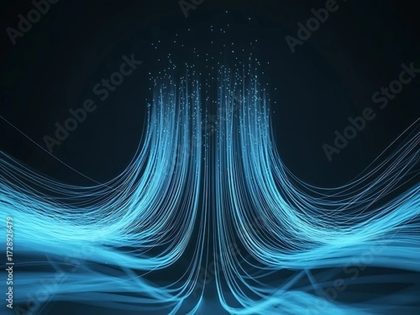 Fototapeta Abstract Flowing Blue Energy Trails of Light Particles Ascending Upwards Against Dark Background, ai-generated