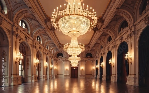Fototapeta Grand Ballroom with Ornate Chandeliers and Elegant Architecture Illuminated, ai-generated