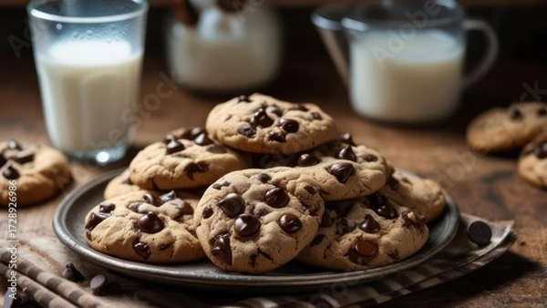 Fototapeta Delicious Chocolate Chip Cookies Piled High on a Plate with a Glass of Milk.