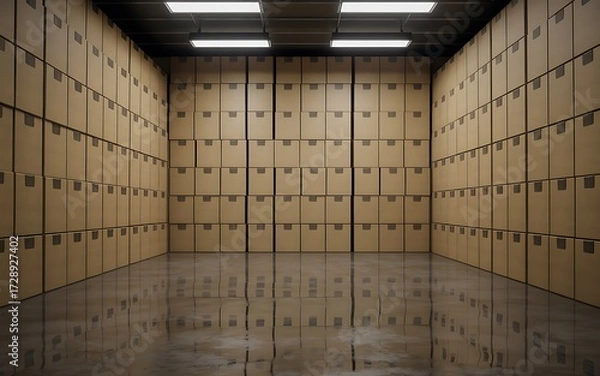 Fototapeta Vast Warehouse Storage Full Of Cardboard Boxes Stacked High Showing Organization, ai-generated