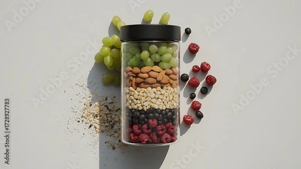 Fototapeta Healthy Trail Mix Layers Inside a Clear Glass Jar with Fruits and Nuts, ai-generated