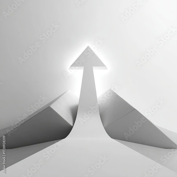 Obraz Glowing arrow ascends between two minimalist, triangular structures, set against a stark white backdrop
