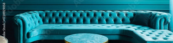 Obraz Geometric turquoise interiors with velvet couch and round end table