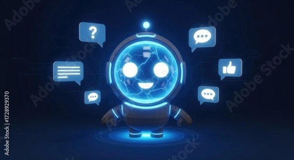 Obraz Hologram of AI Robot or Chatbot with Speech Bubbles on Technology Blue Background. AI Chat Bot Mascot. Low Poly Wireframe Tech Bg. Support Assistant Virtual Character.