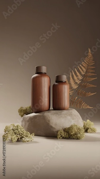 Fototapeta Natural Elegance Two Wooden Bottles on Rock with Fern and Moss Decor, ai-generated