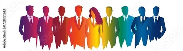 Obraz Diverse professional business team represented by a vibrant gradient spectrum of colorful silhouettes standing together showcasing unity inclusion and corporate strength