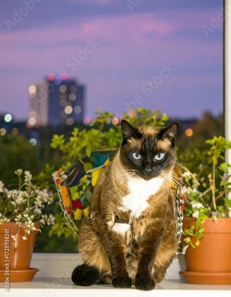 Fototapeta Cat on windowsill at dusk