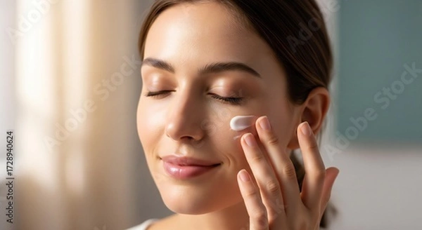 Fototapeta Woman applying face cream gently under her eye with her fingers in a bright and clean environment