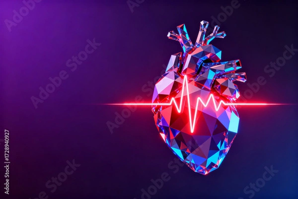 Fototapeta A crystalline heart with a glowing red heartbeat line against a dark purple background