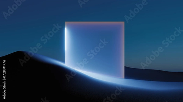 Fototapeta Futuristic Neon Square Frame On Desert, Glowing Laser Square, Digital Abstract Background, Virtual Reality Energy Source and Sci-Fi Cosmic Concept Design