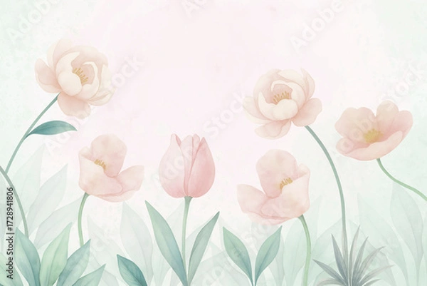Obraz Watercolor floral background with tulips and peonies, pastel flower frame, botanical illustration, spring floral design for invitations