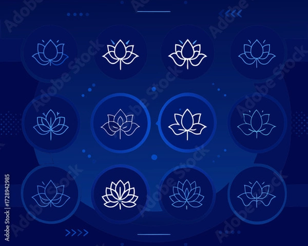 Obraz Collection of stylized lotus flower icons on a dark blue background