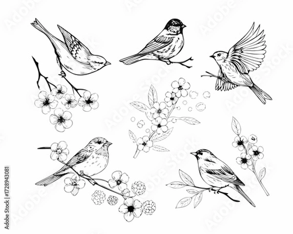 Obraz Collection of hand drawn birds perched on blooming branches