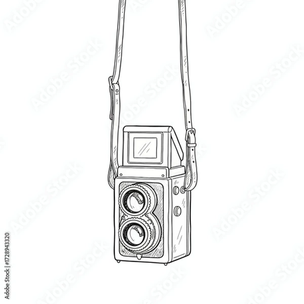 Fototapeta A detailed hand-drawn illustration of a vintage twin-lens reflex camera, classic photographic equipment suspended by its strap, evoking an analog photography aesthetic