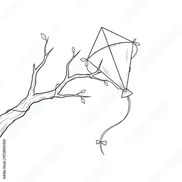 Fototapeta Line art illustration showing a kite tangled in tree branches, symbolizing childhood play, unexpected challenges, and a quiet moment in nature