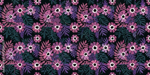 Obraz Seamless pattern of purple flowers and dark green leaves on black background