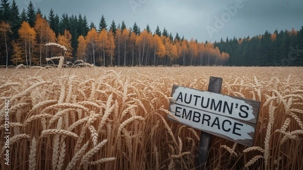 Fototapeta Golden Wheat Field Under Autumn Sky, ai-generated