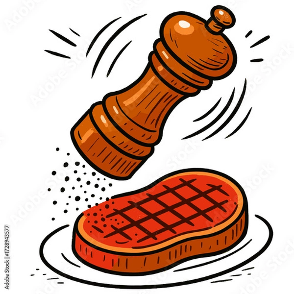 Fototapeta Cartoon pepper grinder seasoning grilled steak in comic style with bold lines and warm colors for cooking and barbecue themes