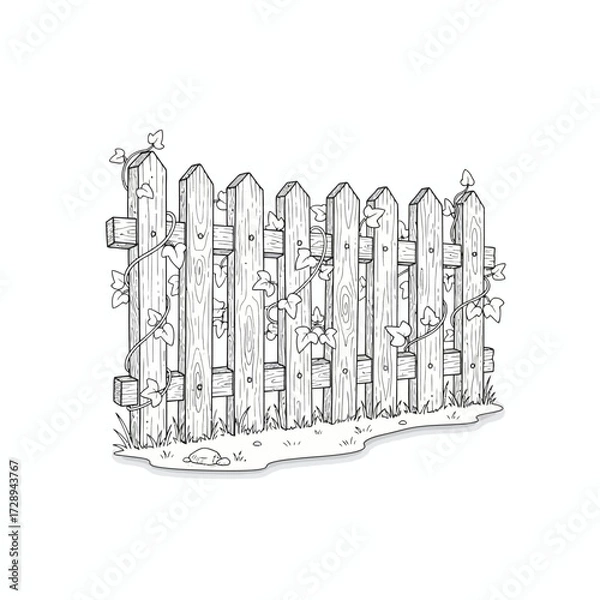 Fototapeta Charming hand-drawn illustration of a rustic wooden picket fence with climbing ivy, evoking a sense of tranquil garden beauty and natural growth, perfect for design projects and decor