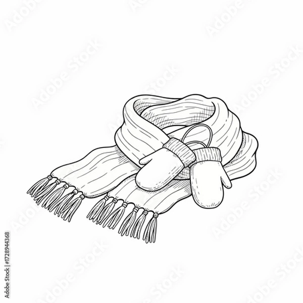Fototapeta Hand-drawn illustration of cozy winter accessories, featuring a striped scarf with fringe and a pair of warm mittens, perfect for cold weather comfort and style