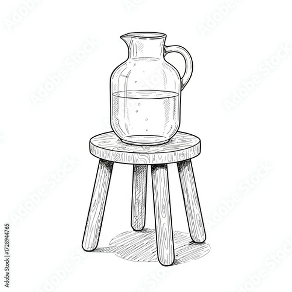 Fototapeta Hand-drawn sketch illustration of a transparent glass pitcher holding water, positioned on a small wooden stool, offering a clean, classic, and elegant monochrome visual