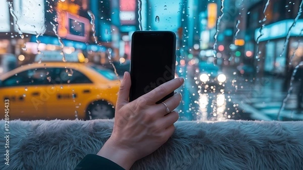 Fototapeta Capturing the Rainy Cityscape Through a Window with a Smartphone, ai-generated
