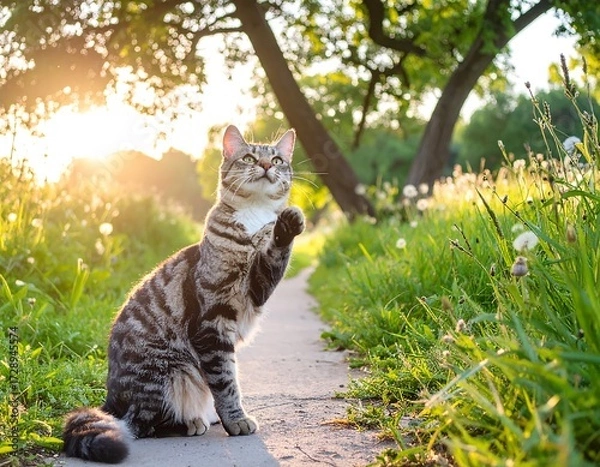 Fototapeta Cat sits on a path in a sunlit park