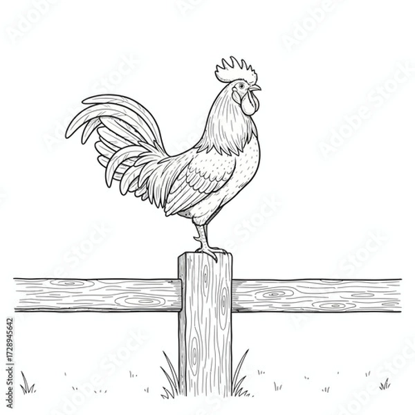 Fototapeta Line Art Rooster on a Fence Post - Farm Animal Illustration
